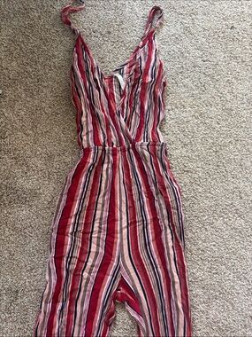 Striped Red Pink V-Neck Women's Jumpsuit